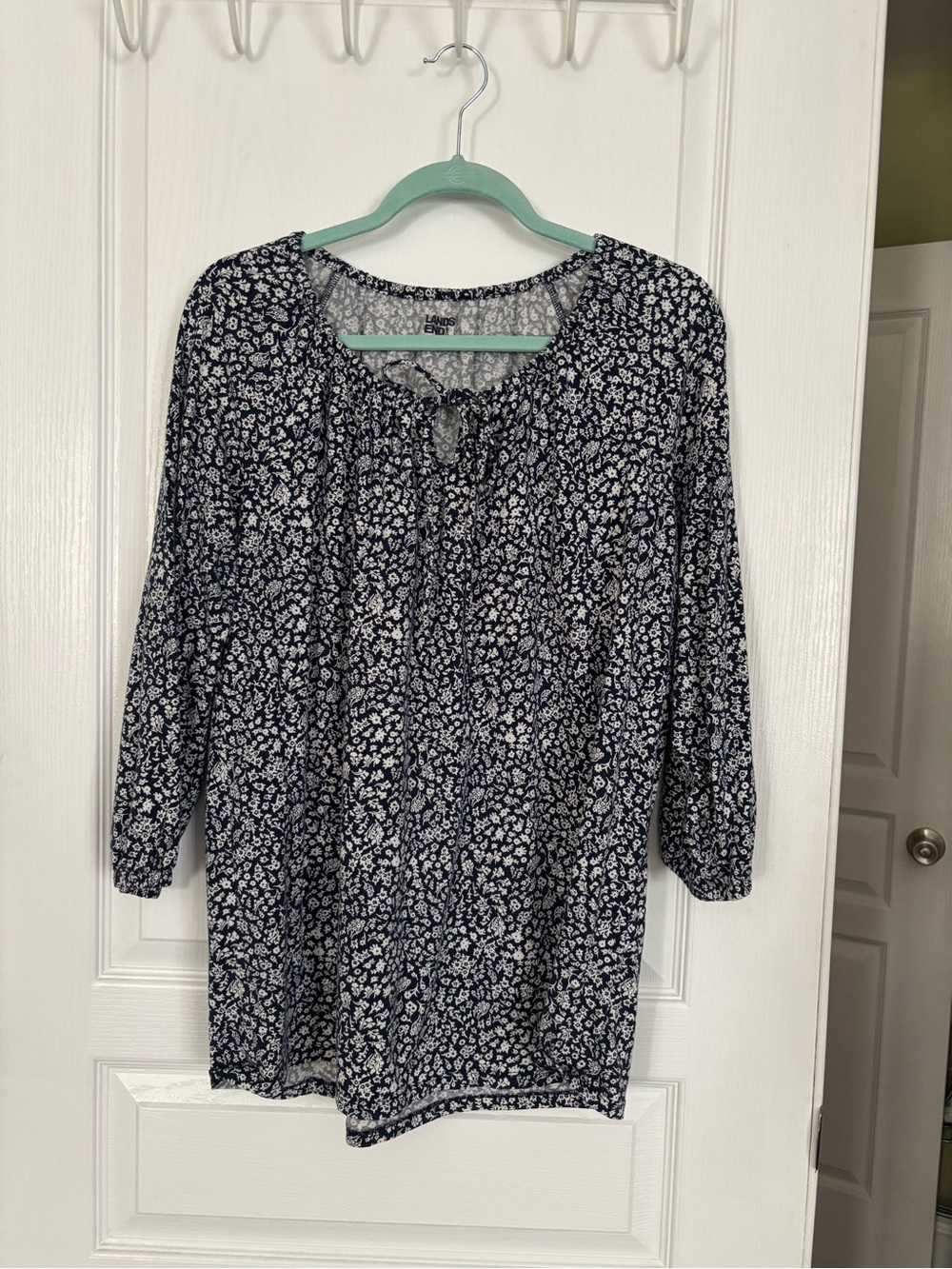 Lands' End Navy and White Floral Peasant Tunic